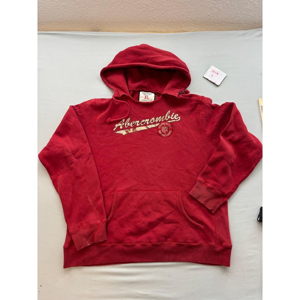Abercrombie & Fitch Mens XL Red Distressed Graphic Pullover Hoodie Sweatshirt